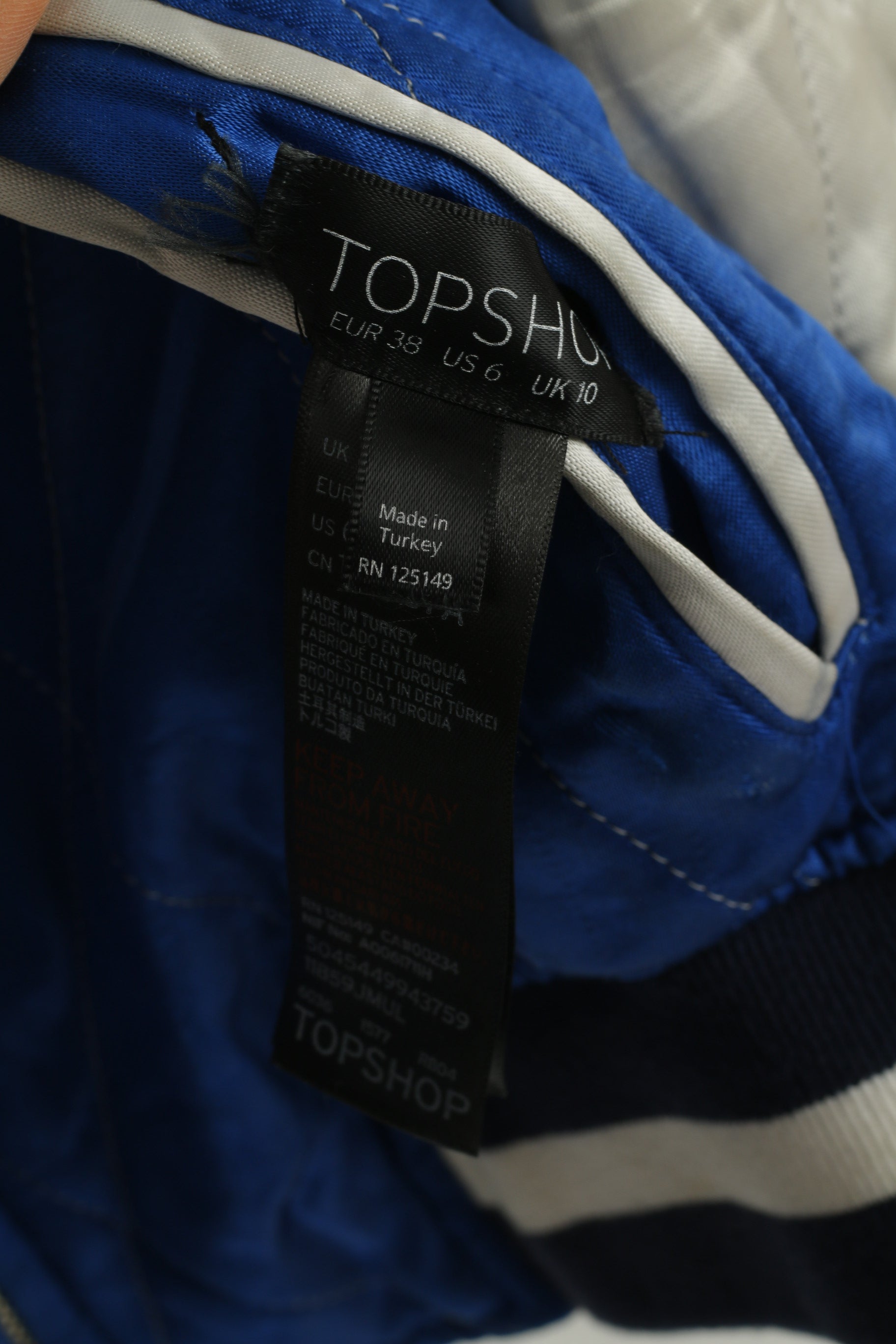 Topshop Women 6 10 XS Jacket Blue Black Shiny Japan Emroidered Double Sided Top