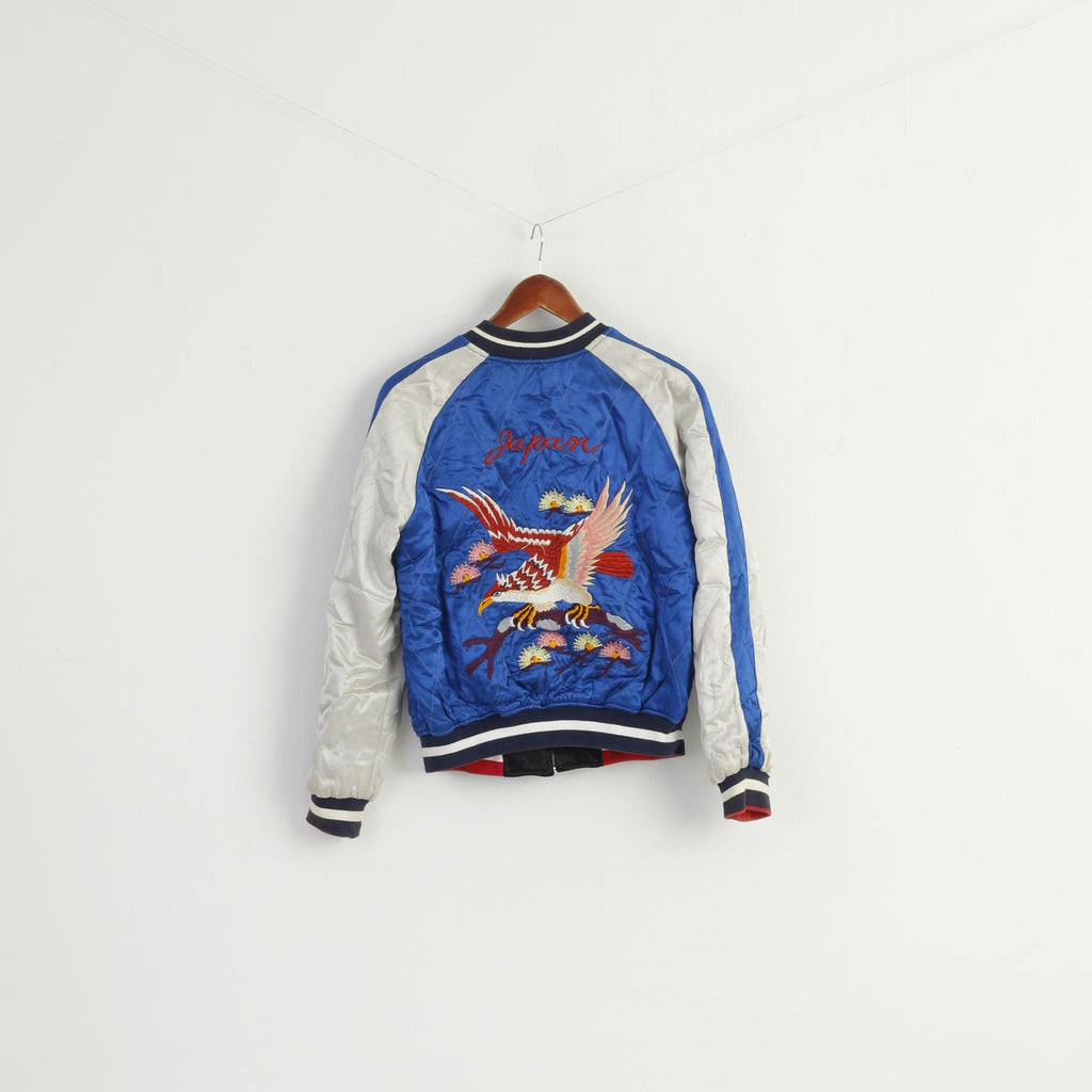 Topshop Women 6 10 XS Jacket Blue Black Shiny Japan Emroidered Double Sided Top