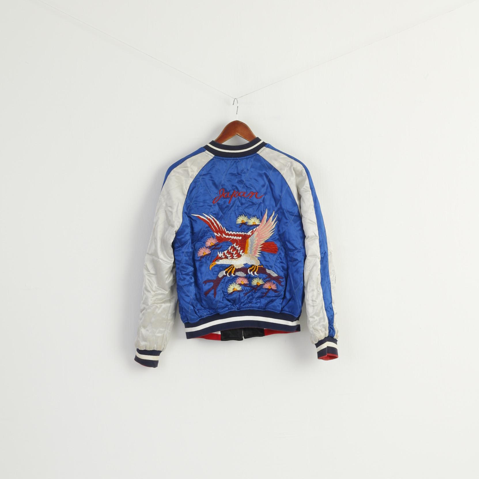 Topshop Women 6 10 XS Jacket Blue Black Shiny Japan Emroidered Double Sided Top