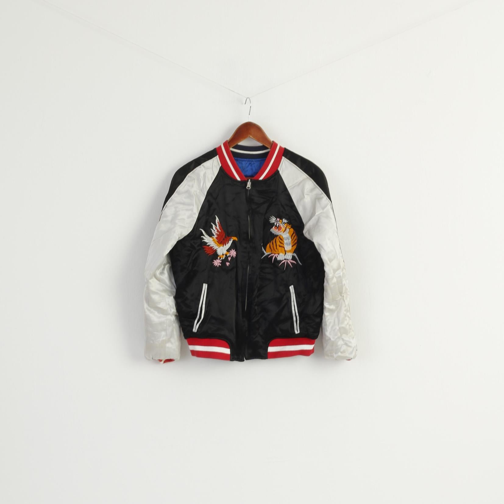 Topshop Women 6 10 XS Jacket Blue Black Shiny Japan Emroidered Double Sided Top