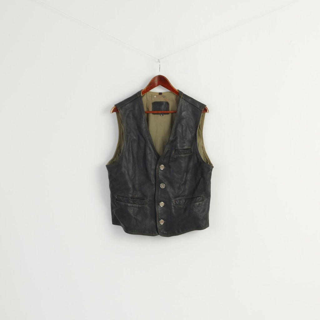 Louis International Men M Waistcoat Black Leather Vintage Moto Biker Vest