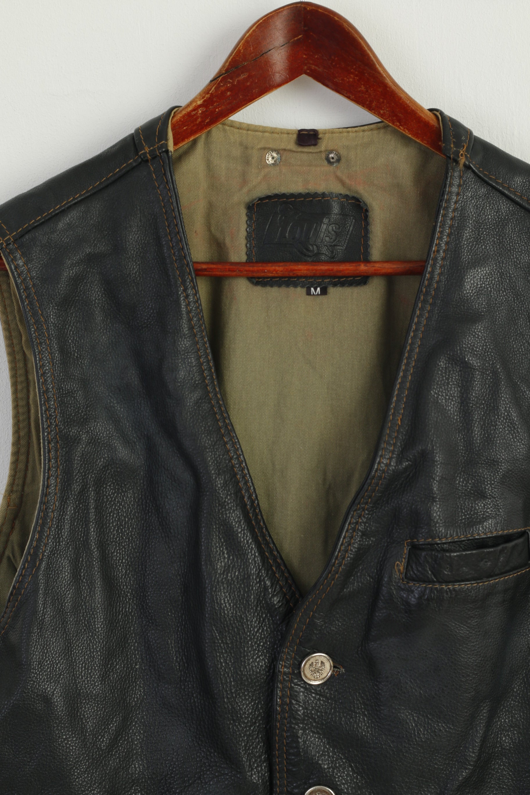 Louis International Men M Waistcoat Black Leather Vintage Moto Biker Vest