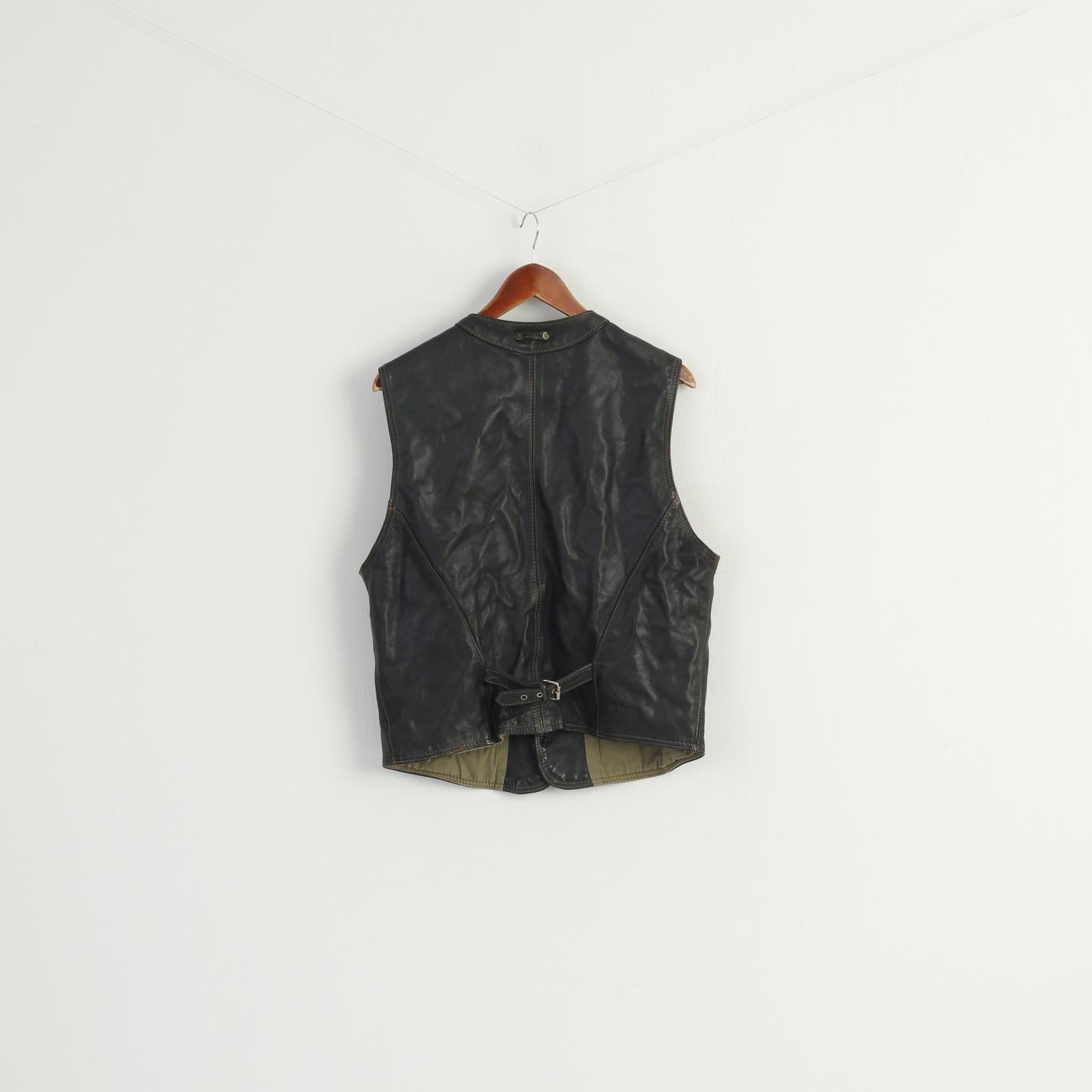 Louis International Men M Waistcoat Black Leather Vintage Moto Biker Vest