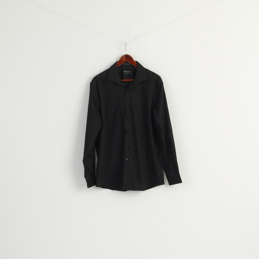 Kenneth Cole Men 16.5 L Casual Shirt Black Cotton Non Iton Stretch Long Sleeve Top