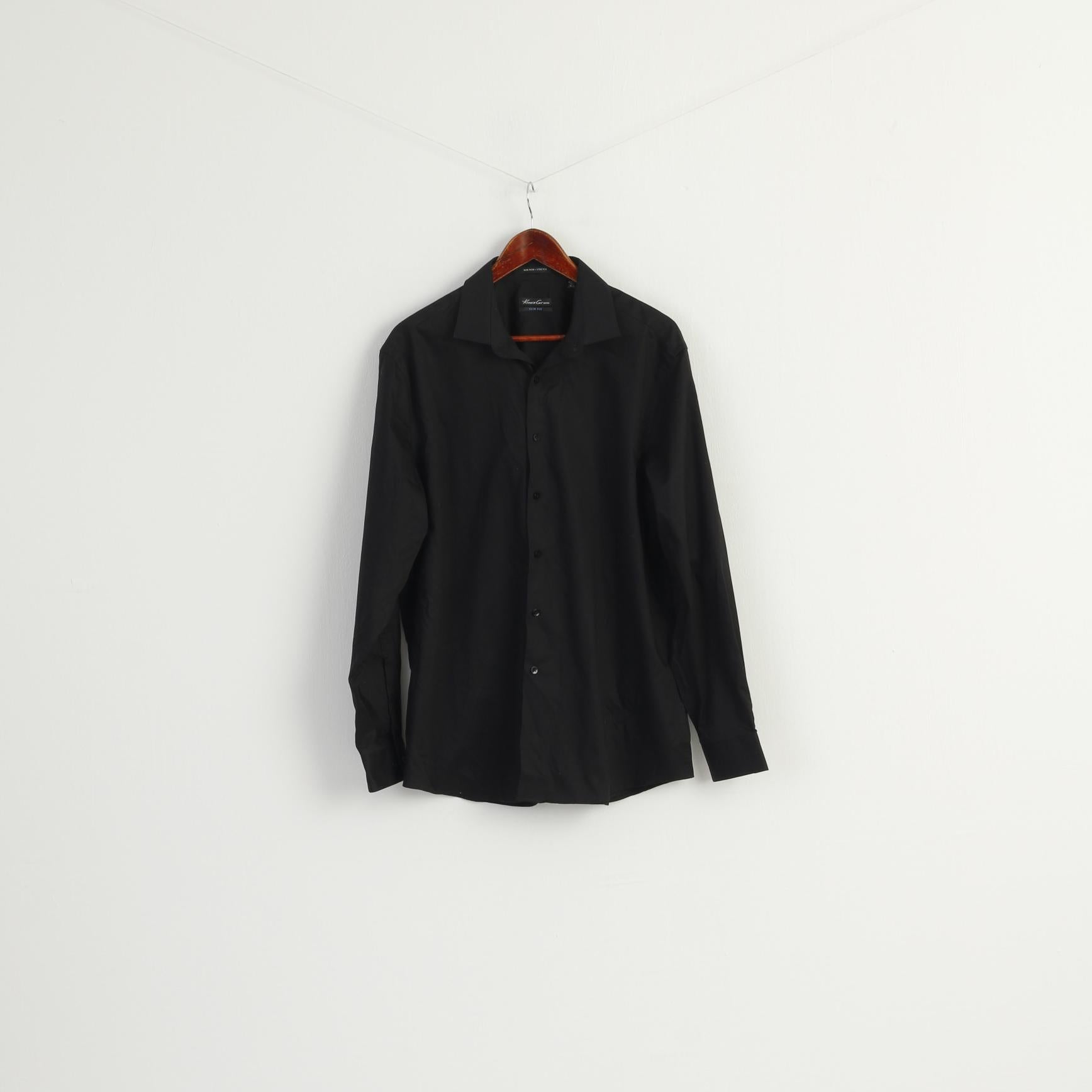Kenneth Cole Men 16.5 L Casual Shirt Black Cotton Non Iton Stretch Long Sleeve Top