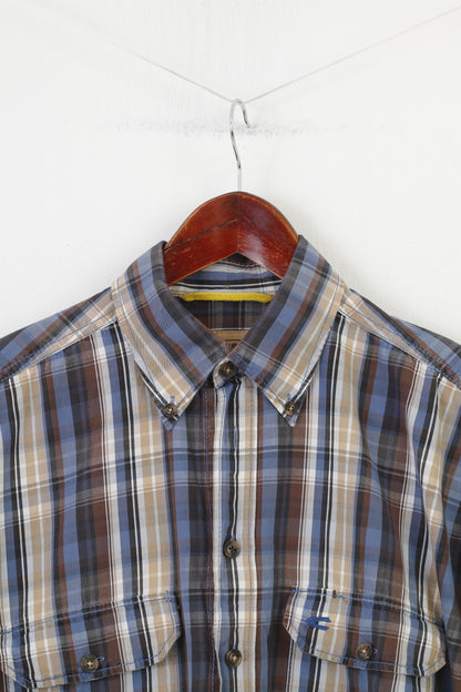 Camicia casual da uomo Camel Active M Top a maniche lunghe in cotone con colletto marrone blu a quadri