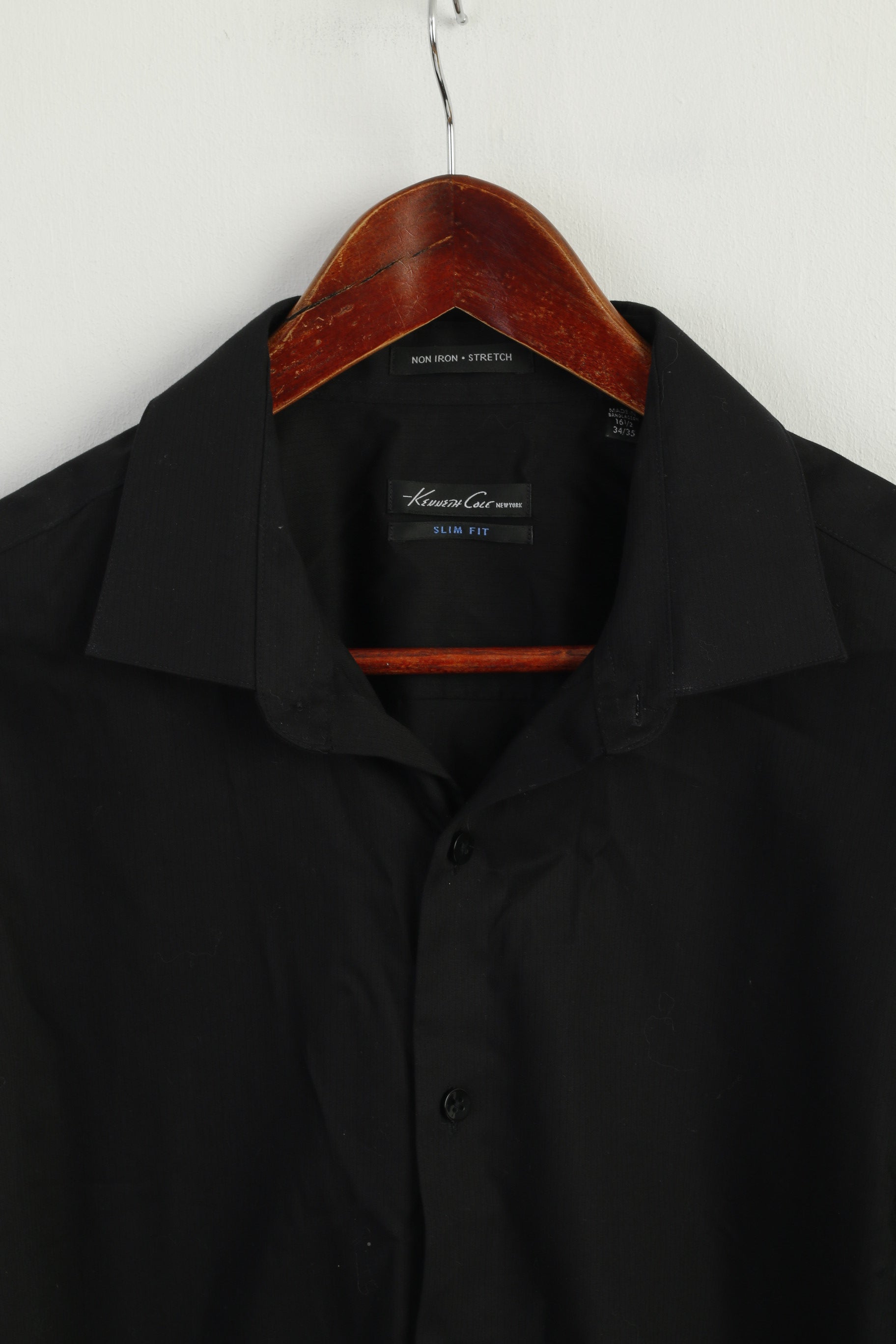 Kenneth Cole Men 16.5 L Casual Shirt Black Cotton Non Iton Stretch Long Sleeve Top