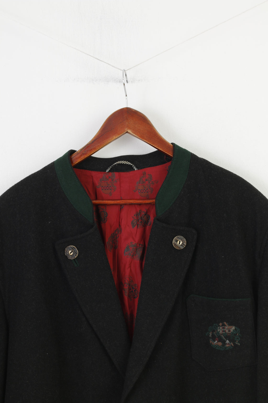 Julius Lang Hommes 28 58 Blazer Charbon Bas Laine Brodée Vintage Tiroler Loden Veste