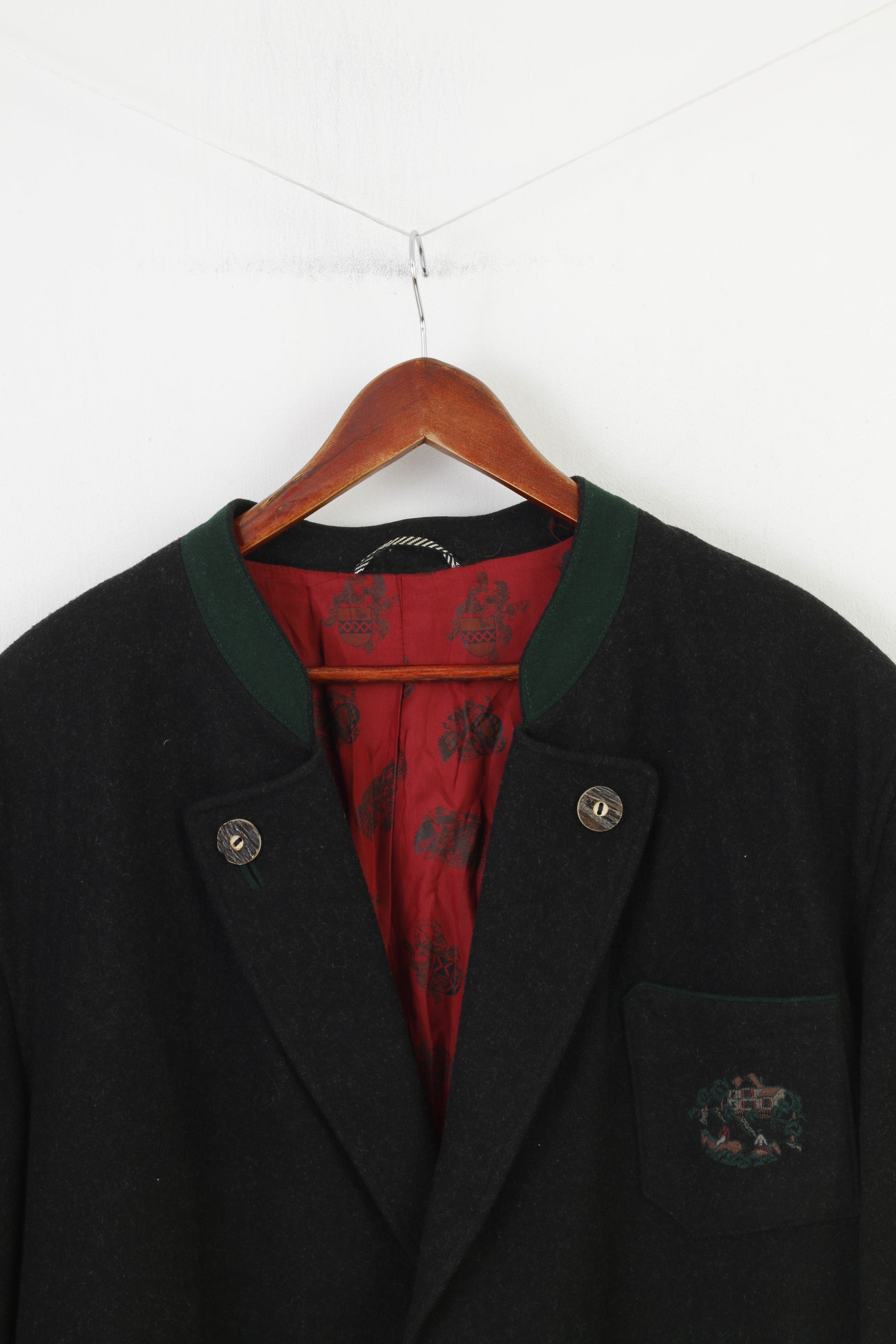 Julius Lang Hommes 28 58 Blazer Charbon Bas Laine Brodée Vintage Tiroler Loden Veste