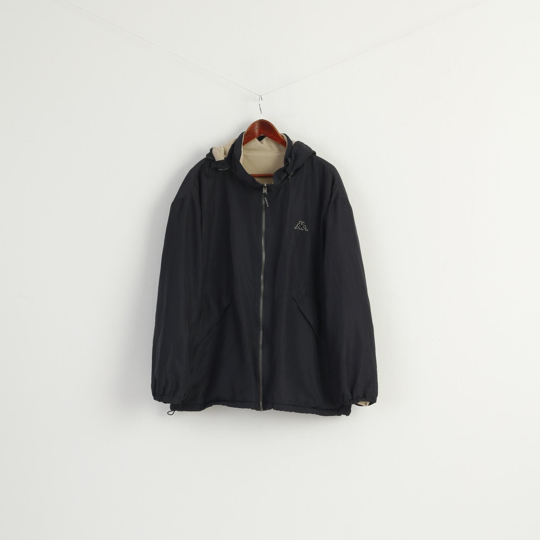 Kappa Men L Jacket Navy Beige Double Sided Fleece Removable Hood Zip Up Top