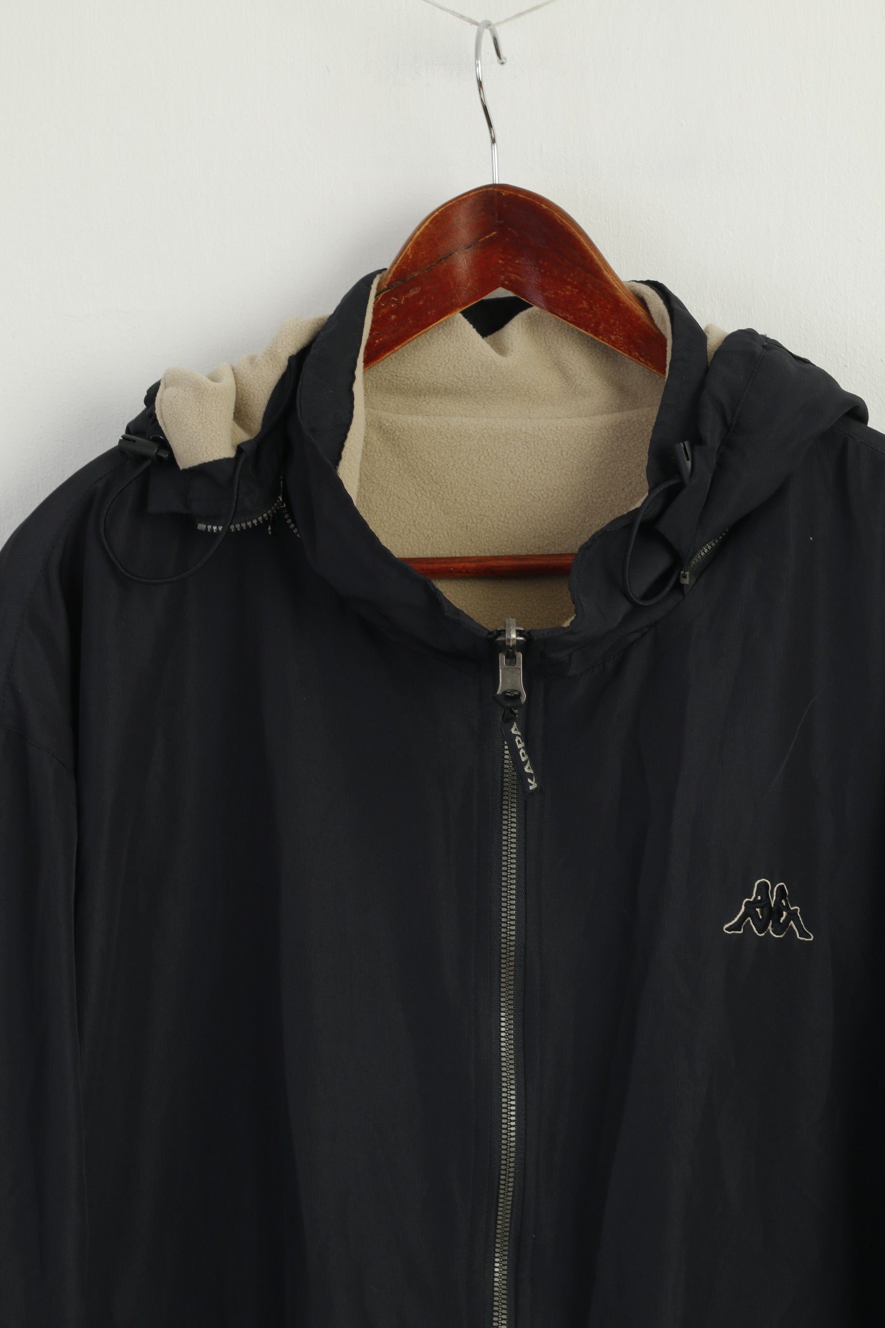 Kappa Men L Jacket Navy Beige Double Sided Fleece Removable Hood Zip Up Top