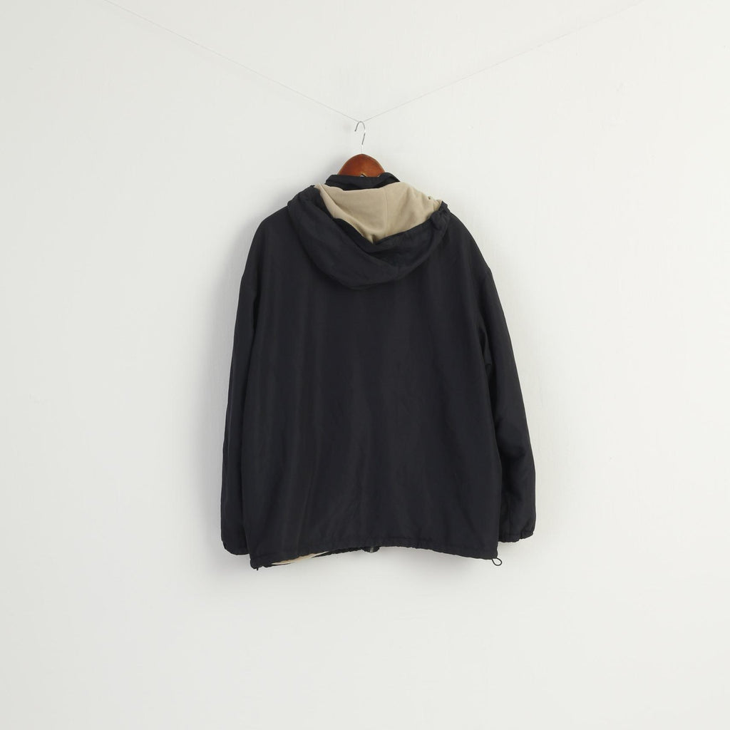 Kappa Men L Jacket Navy Beige Double Sided Fleece Removable Hood Zip Up Top