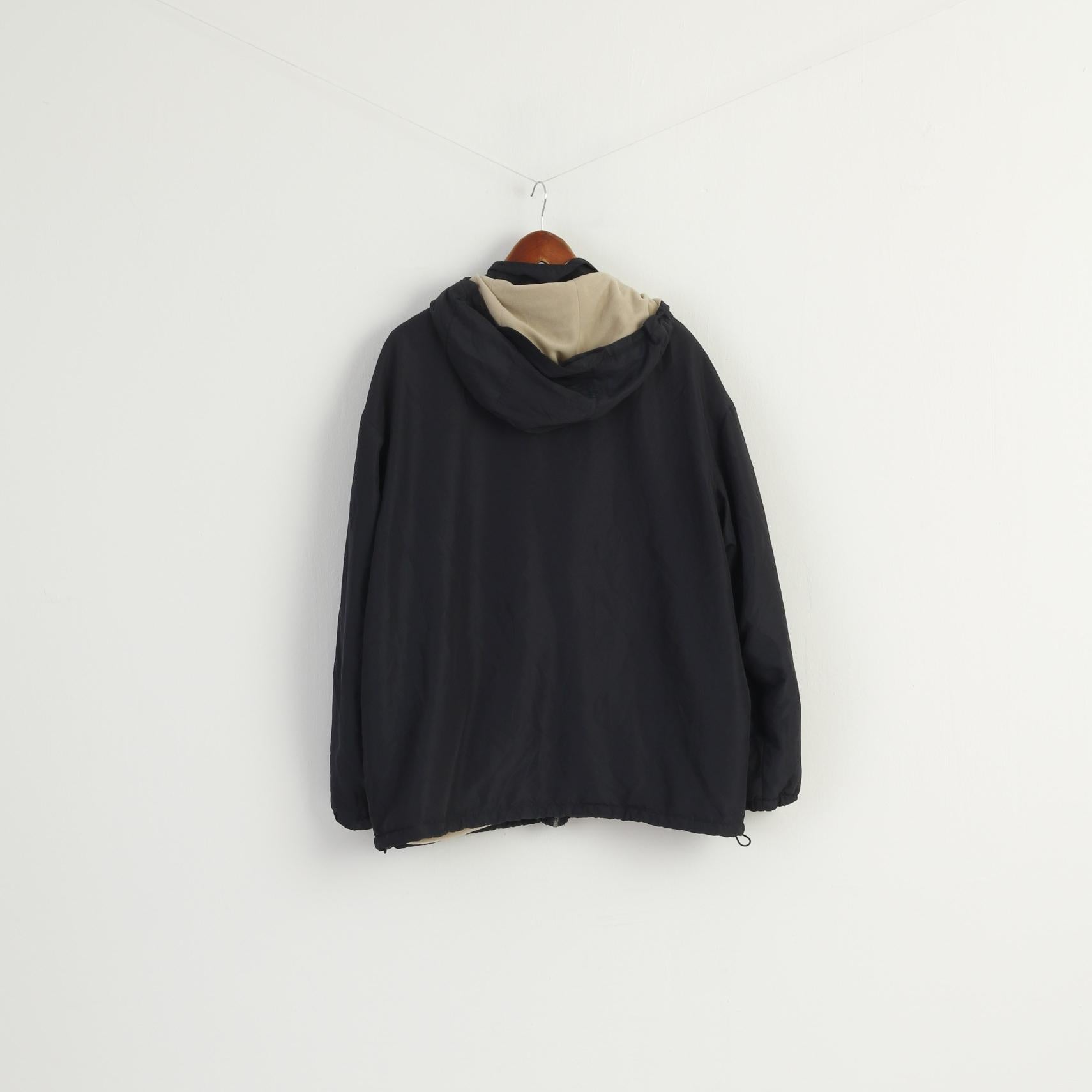 Kappa Men L Jacket Navy Beige Double Sided Fleece Removable Hood Zip Up Top