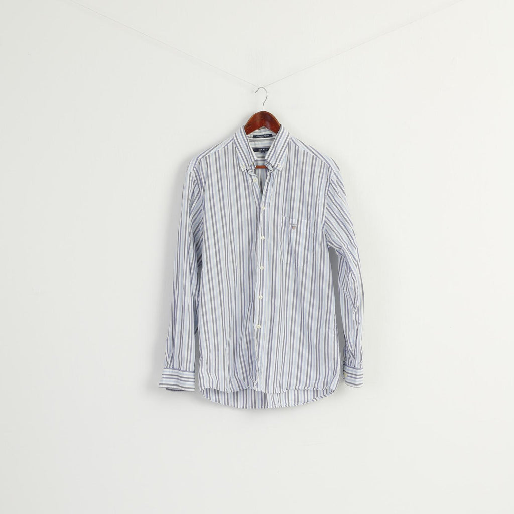GANT Men M Casual Shirt Blue Striped Cotton Regular Fit Long Sleeve Top