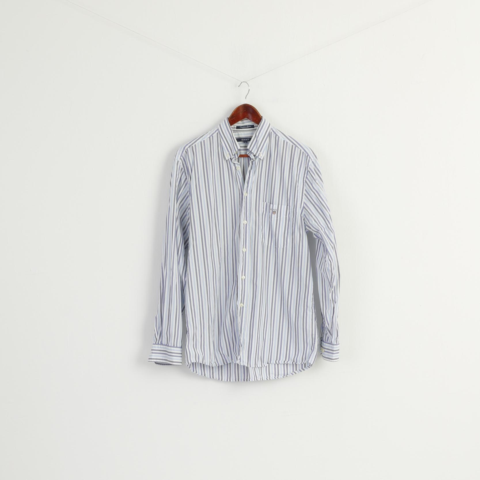 GANT Men M Casual Shirt Blue Striped Cotton Regular Fit Long Sleeve Top