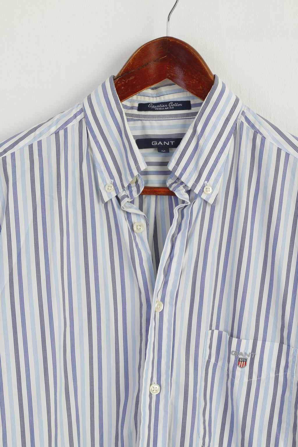 GANT Men M Casual Shirt Blue Striped Cotton Regular Fit Long Sleeve Top