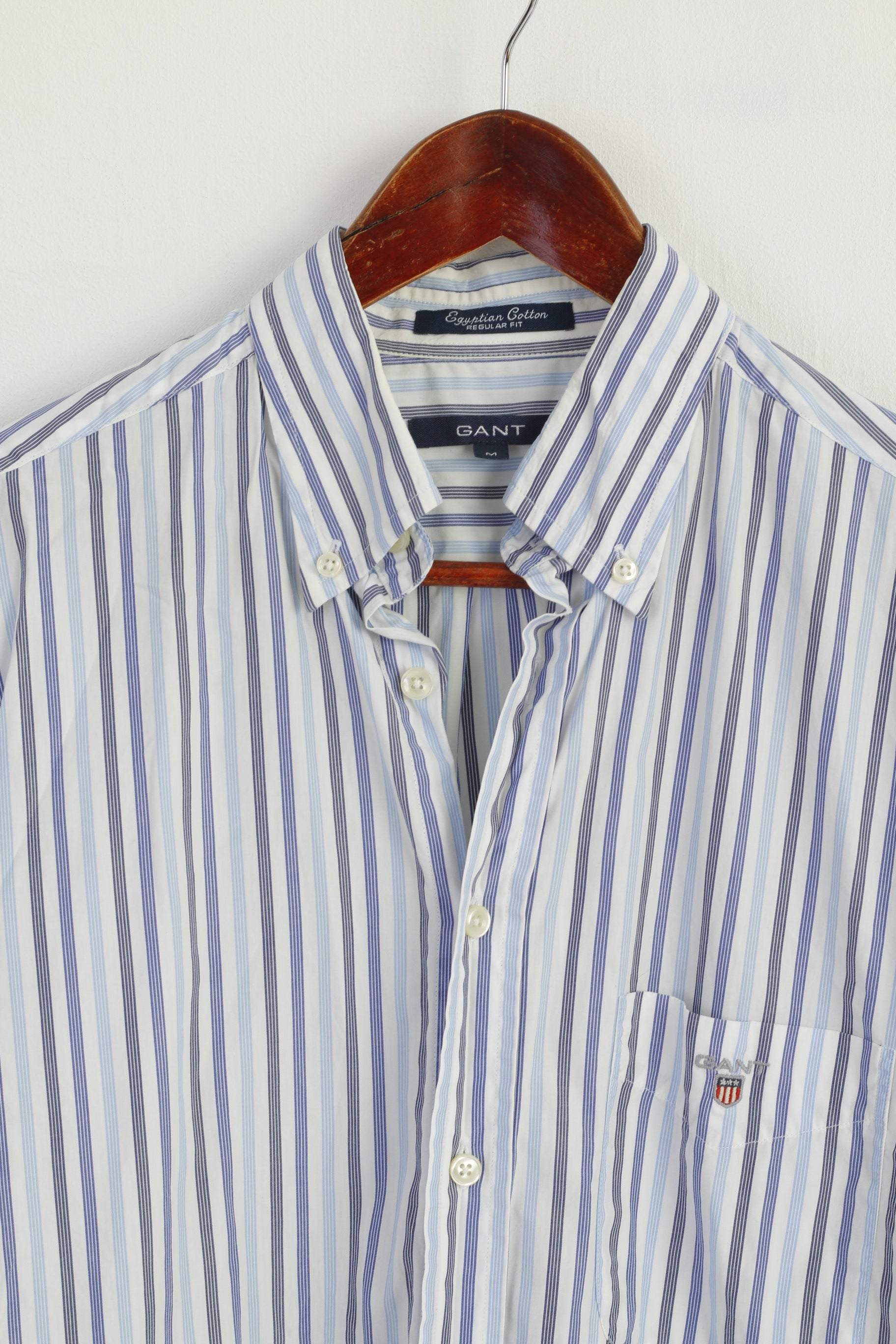 GANT Men M Casual Shirt Blue Striped Cotton Regular Fit Long Sleeve Top