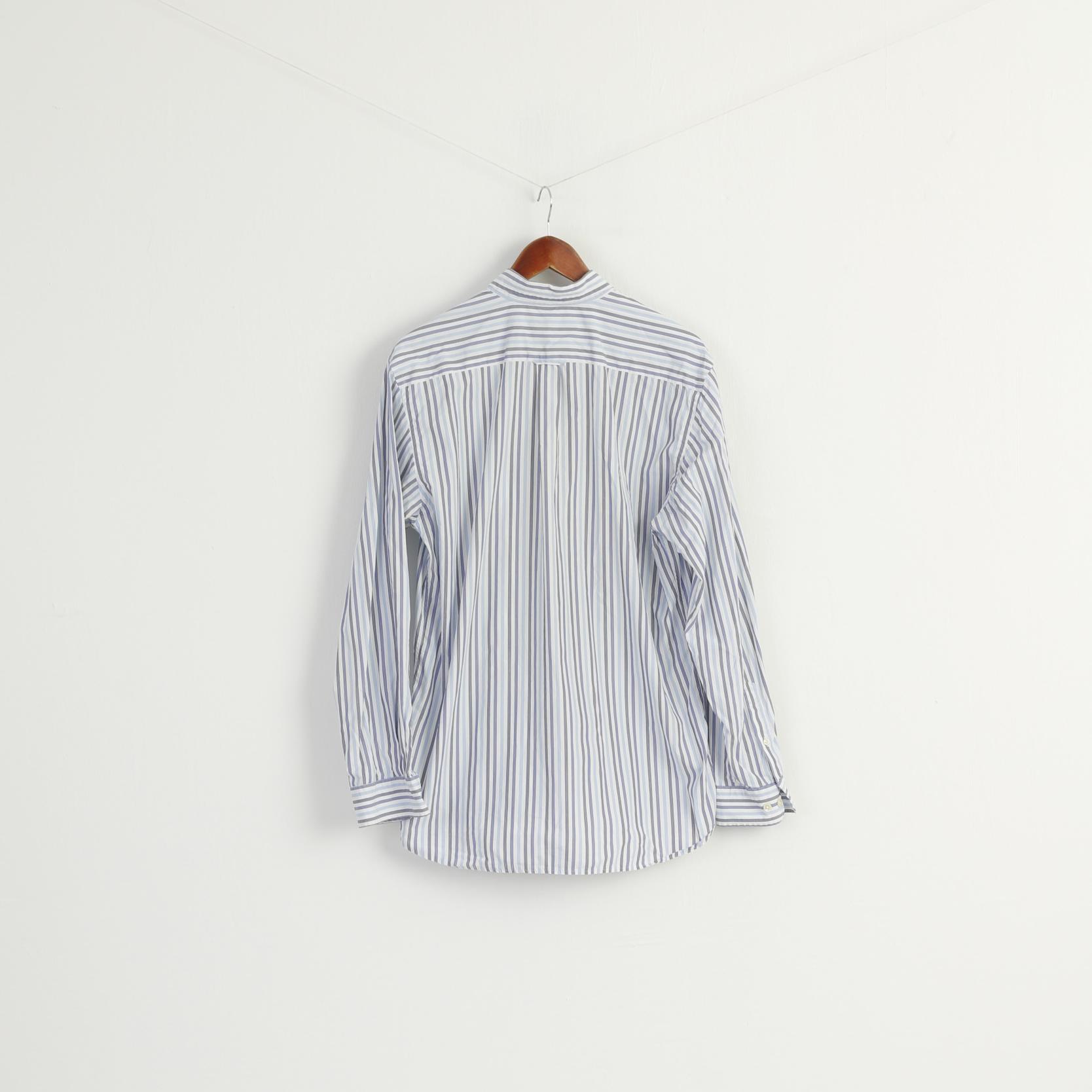 GANT Men M Casual Shirt Blue Striped Cotton Regular Fit Long Sleeve Top