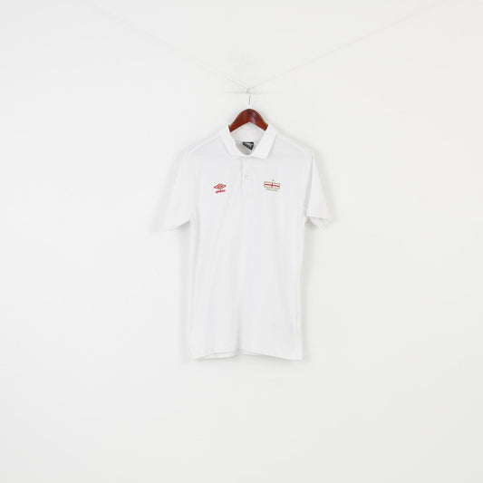 Umbro Men L Polo Shirt Collar White Cotton England Short Sleeve Top