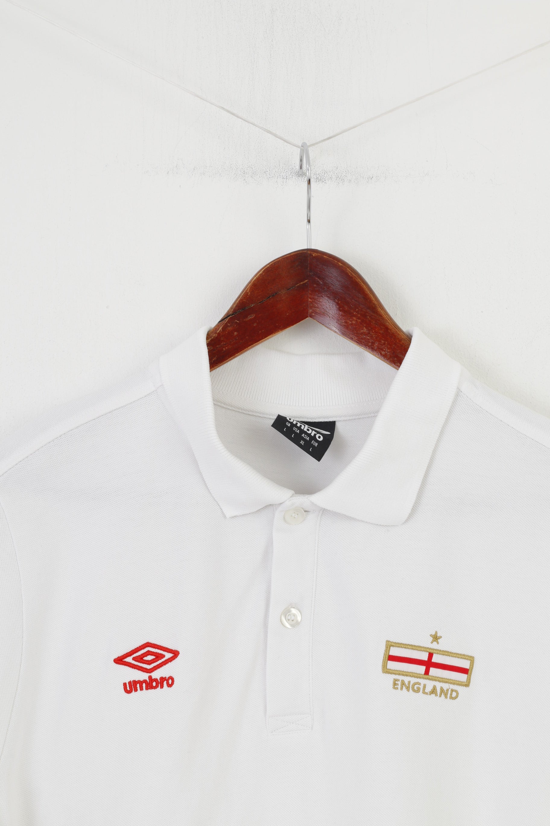 Umbro Polo da uomo L Colletto in cotone bianco Inghilterra Top a maniche corte