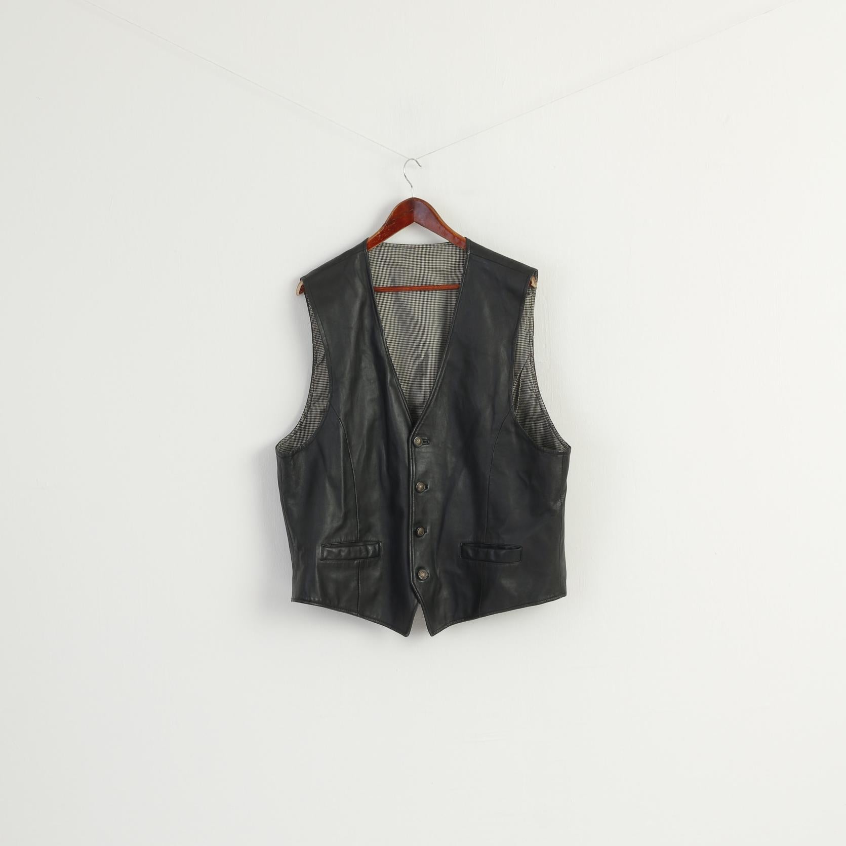 Vintage Men XL Waistcoat Black Soft Leather Detailed Buttons Casual Vest