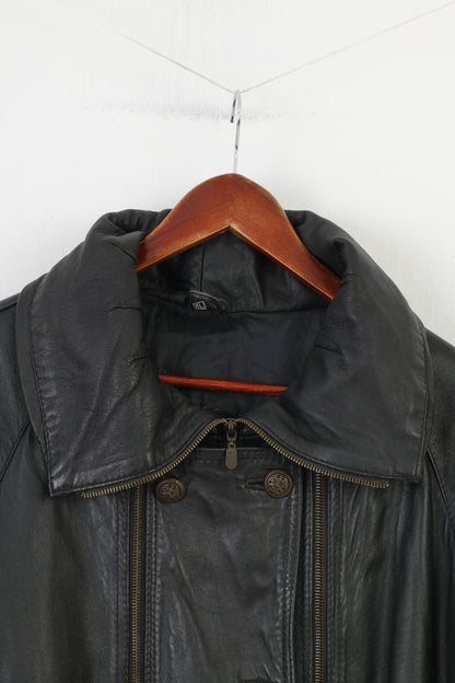 Alberto Tesatti Création Femme XL Veste En Cuir Noir Col Fermeture Éclair Complète Épaulettes Vintage