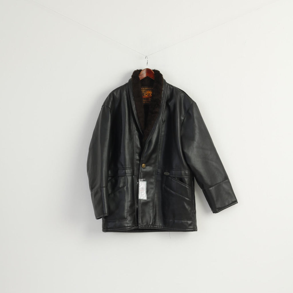 New Gruppo V Men L Jacket Black Faux Leather Made in Italy Shearling Lined Coat