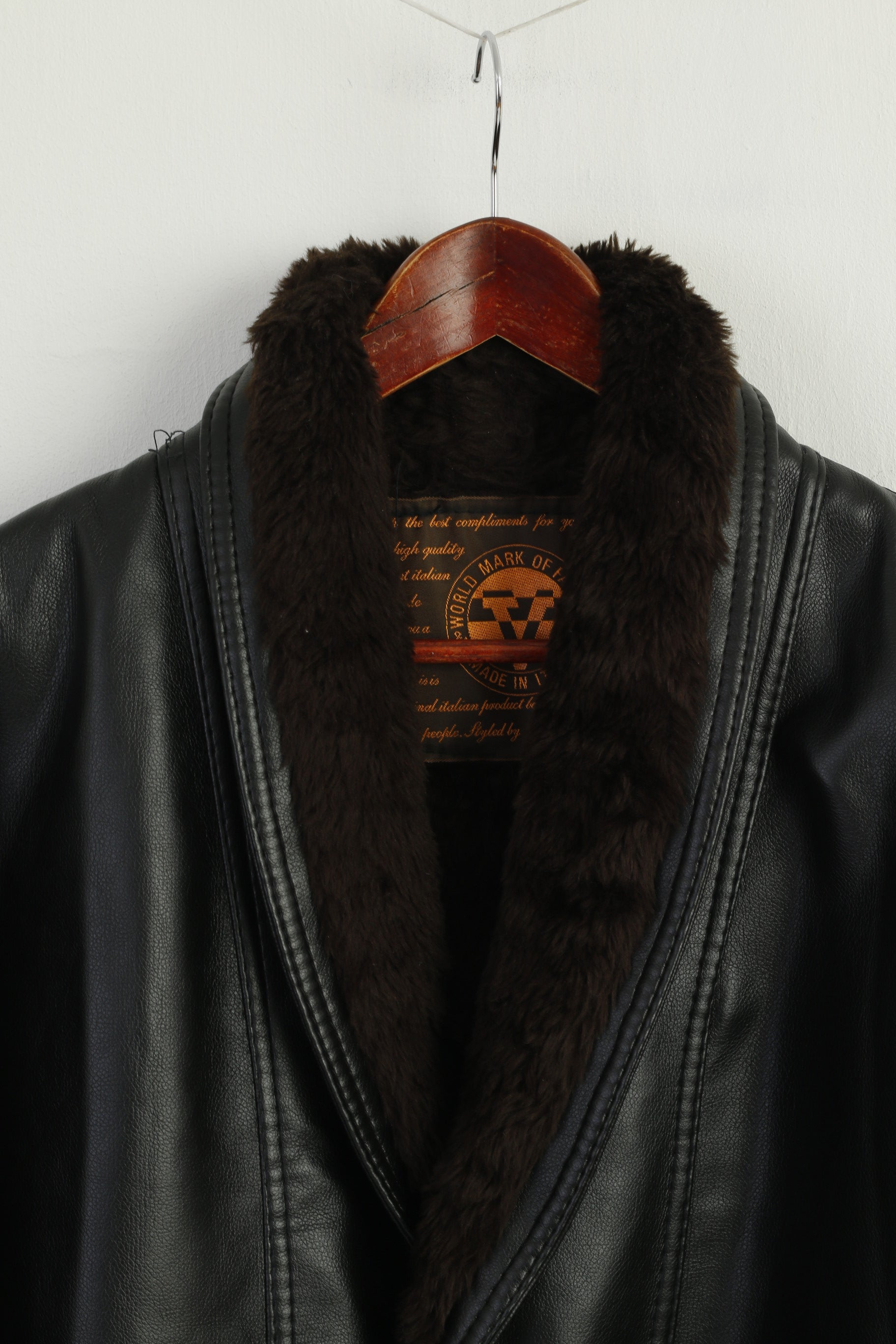 New Gruppo V Men L Jacket Black Faux Leather Made in Italy Shearling Lined Coat