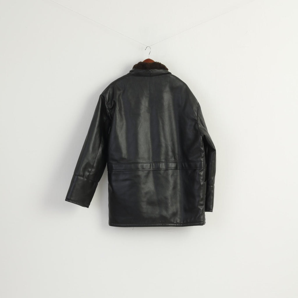New Gruppo V Men L Jacket Black Faux Leather Made in Italy Shearling Lined Coat