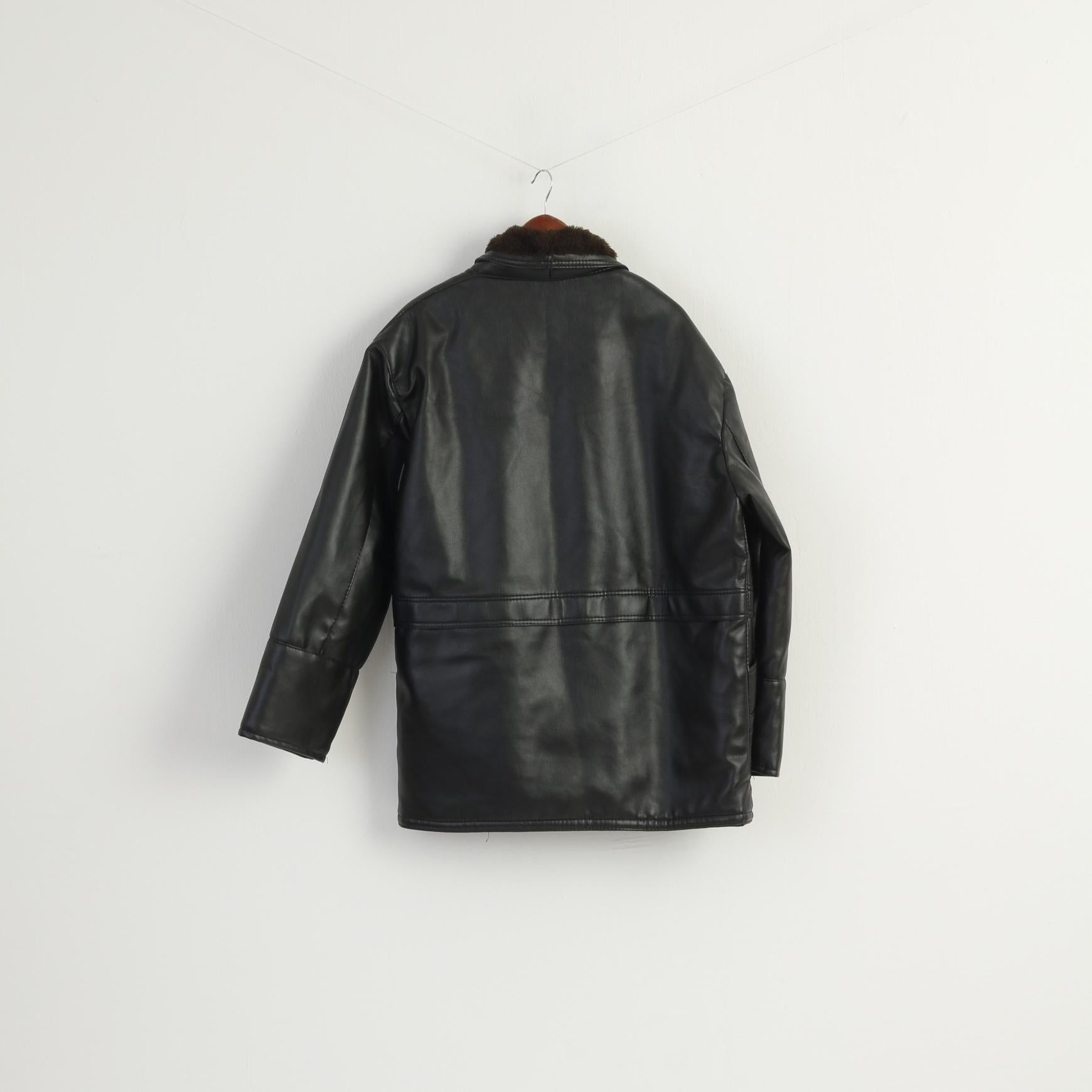 New Gruppo V Men L Jacket Black Faux Leather Made in Italy Shearling Lined Coat