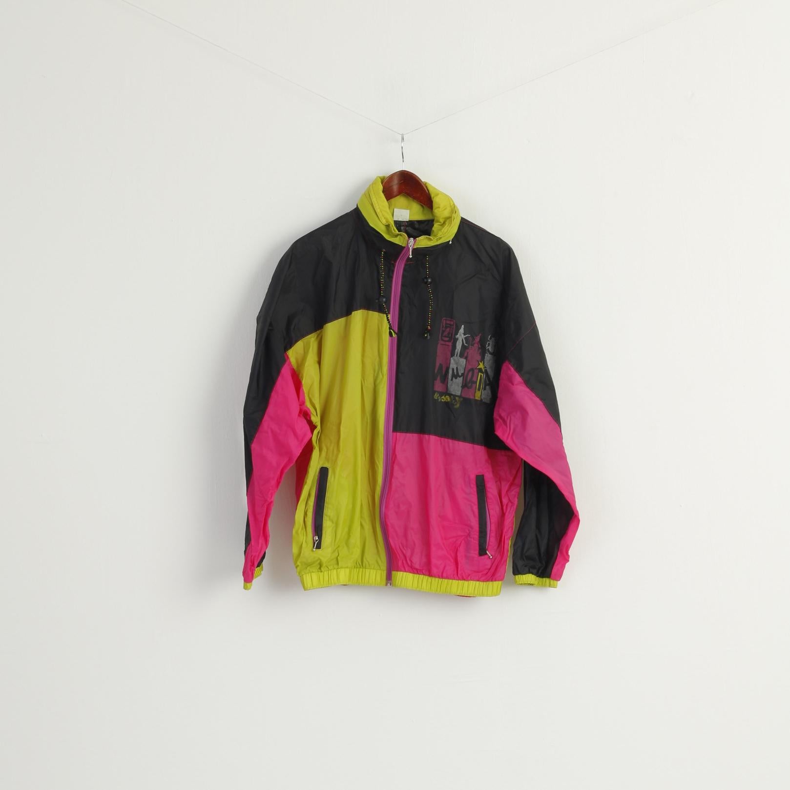 Vintage Women 12 42 Jacket Multicolour Oversize Zip Up Hidden Hood Retro Lightweight Top