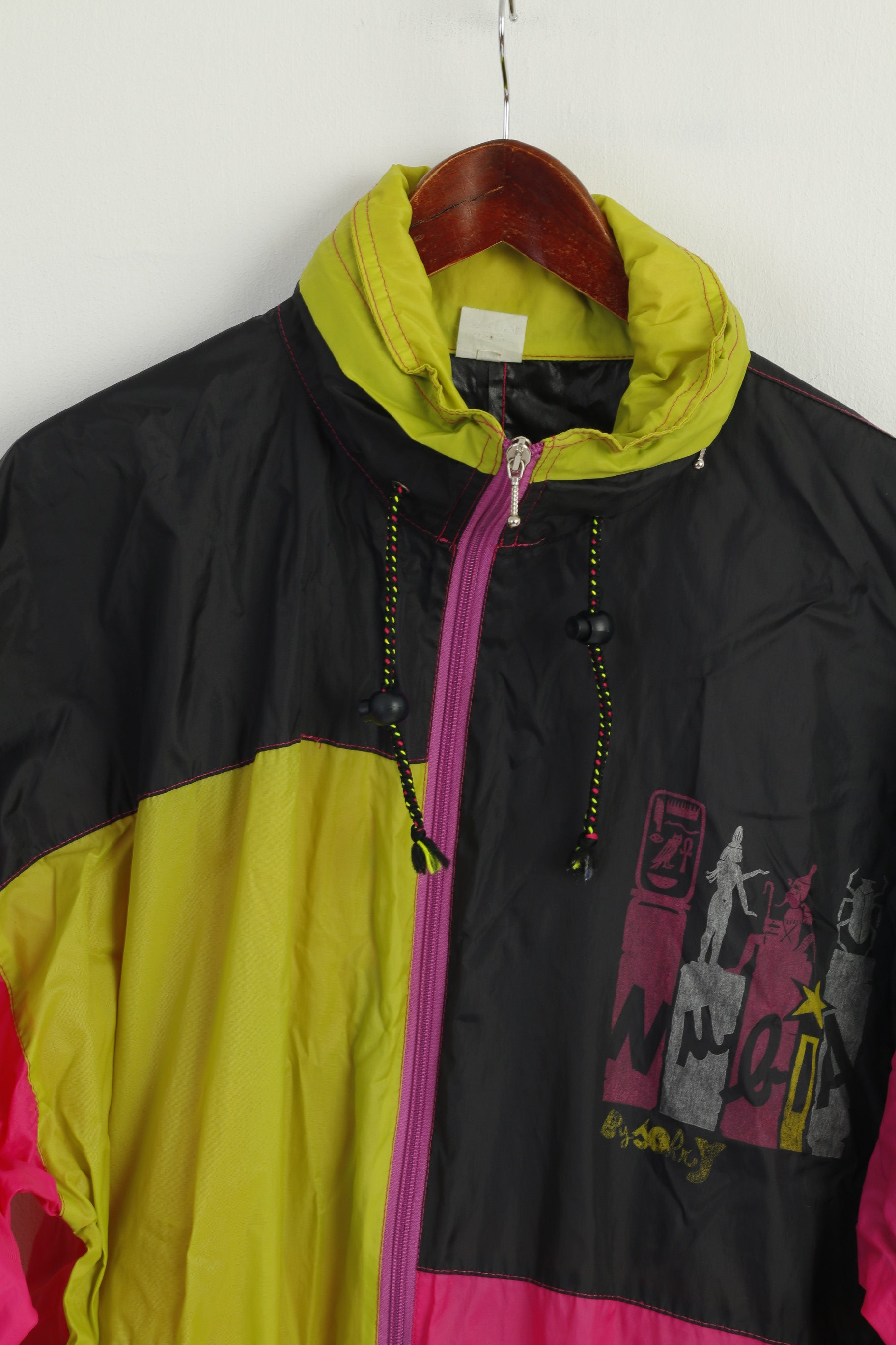 Vintage Women 12 42 Jacket Multicolour Oversize Zip Up Hidden Hood Retro Lightweight Top