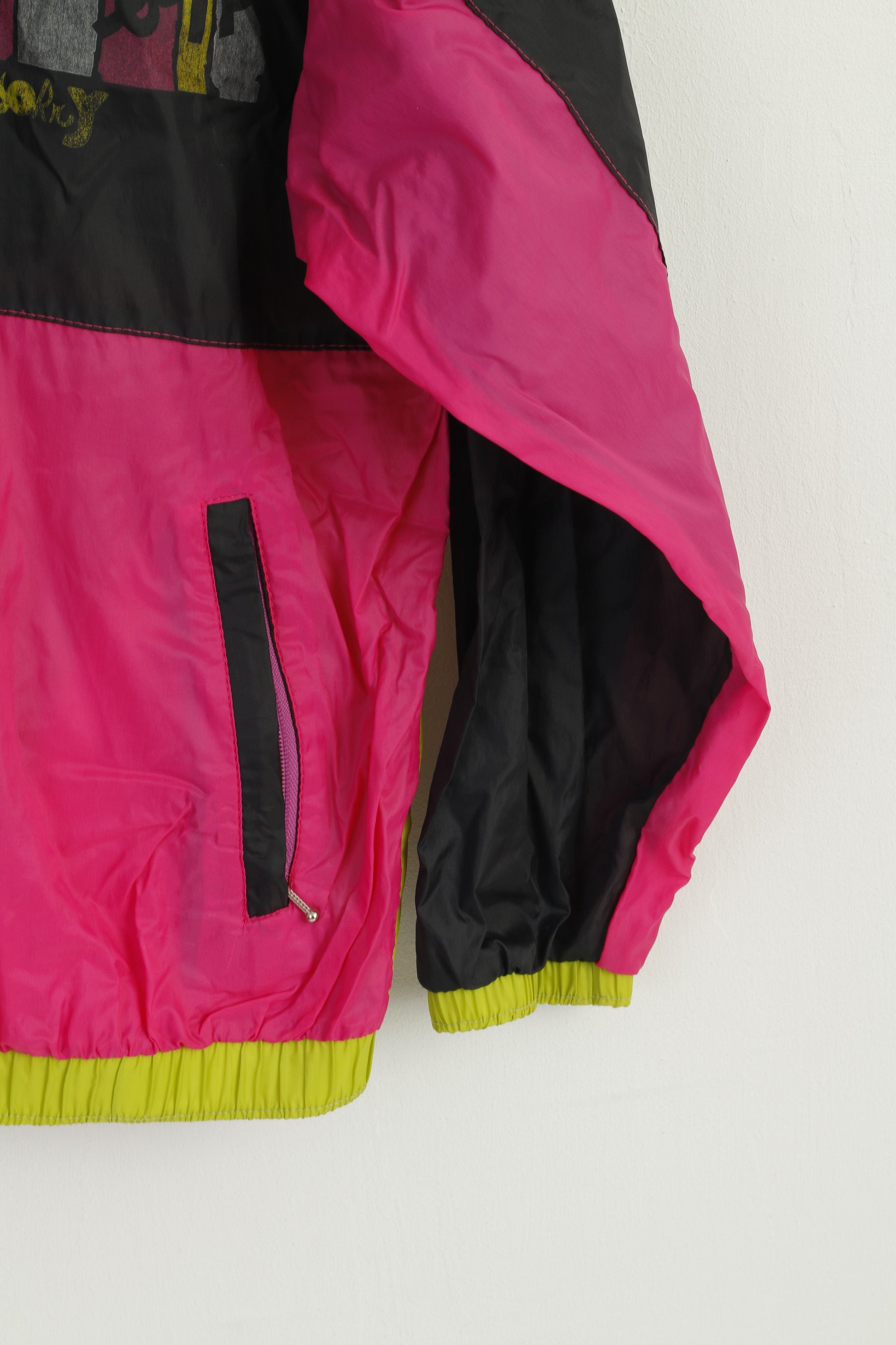 Vintage Women 12 42 Jacket Multicolour Oversize Zip Up Hidden Hood Retro Lightweight Top