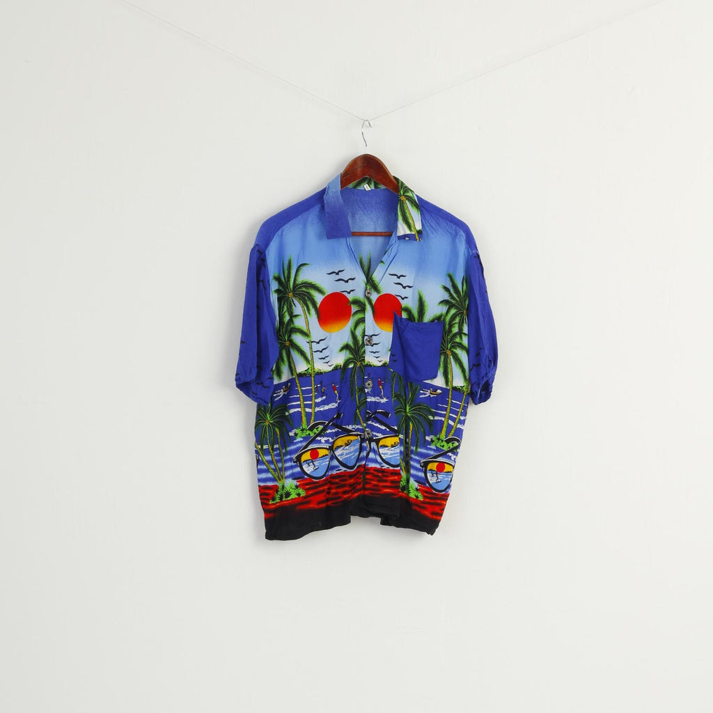 Hawaii Men XL (M) Casual Shirt Blue Summer Graphic Palms Thailand Top