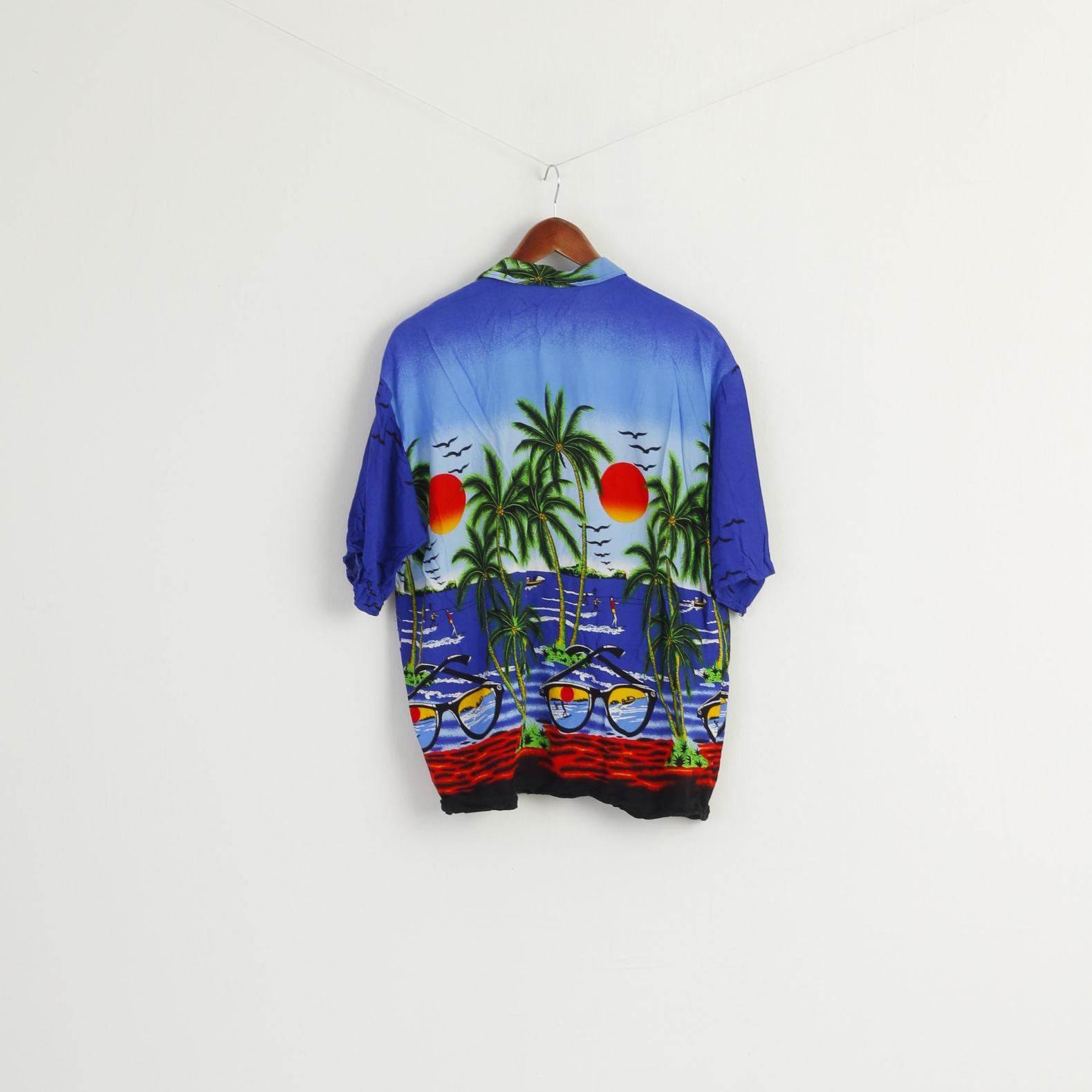 Hawaii Men XL (M) Casual Shirt Blue Summer Graphic Palms Thailand Top