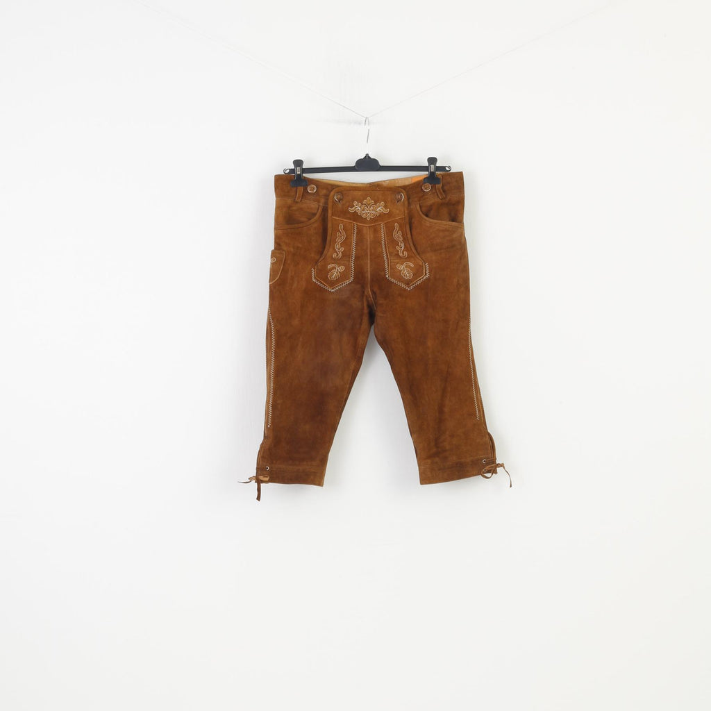 Country Maddox Men 48 Leather Trousers Brown Vintage Western Cowboy Emroidered Bottoms Pockets Top