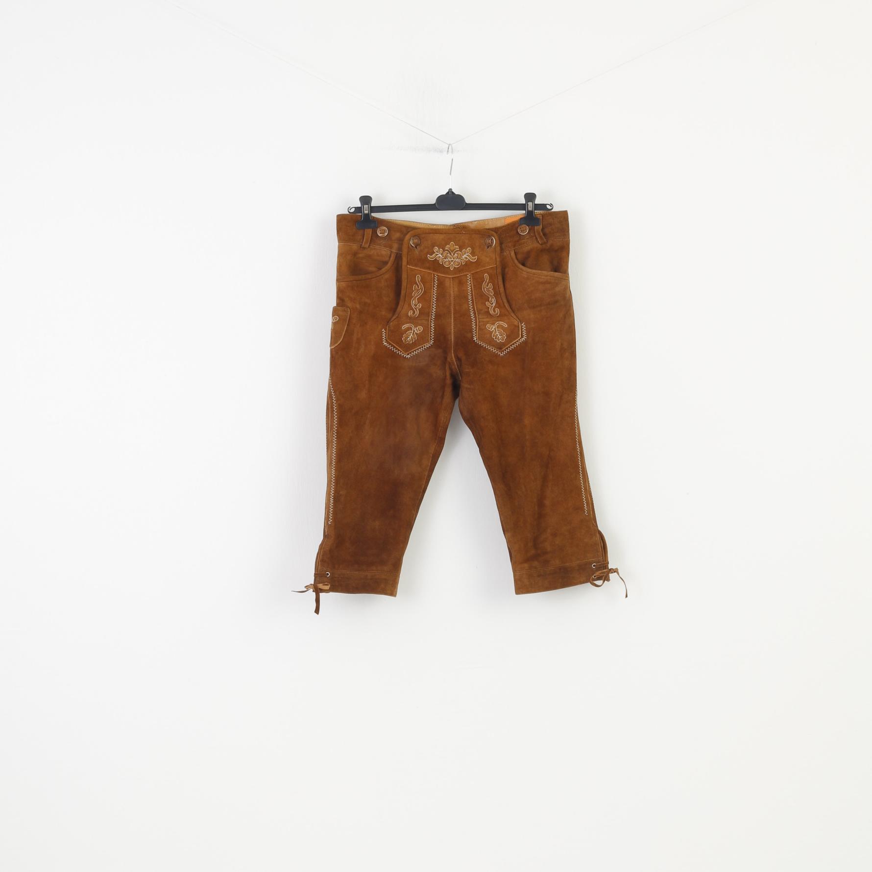 Country Maddox Men 48 Leather Trousers Brown Vintage Western Cowboy Emroidered Bottoms Pockets Top