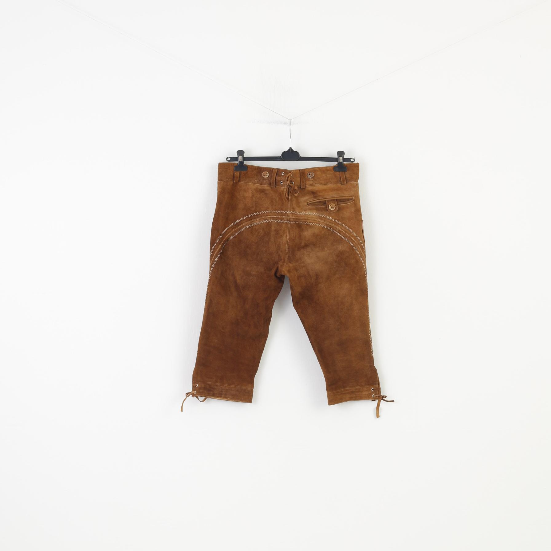 Country Maddox Men 48 Leather Trousers Brown Vintage Tyrol Austria Trachten  Western Cowboy Traditional Emroidered Bottoms Pockets