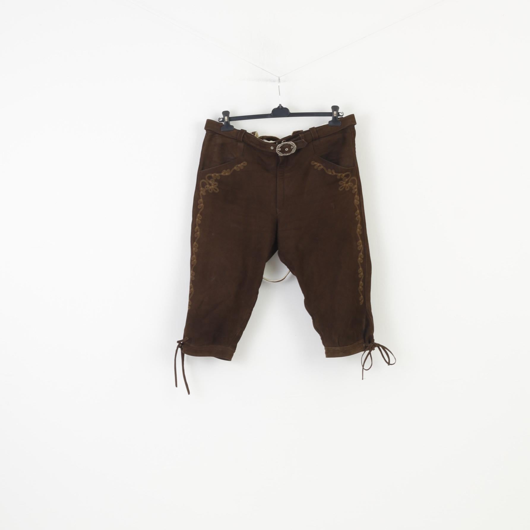 Vintage Men 48 Leather Trousers Dark Brown Vintage Belt Western Suspenders Cowboy Traditional Emroidered Bottoms Pockets Top