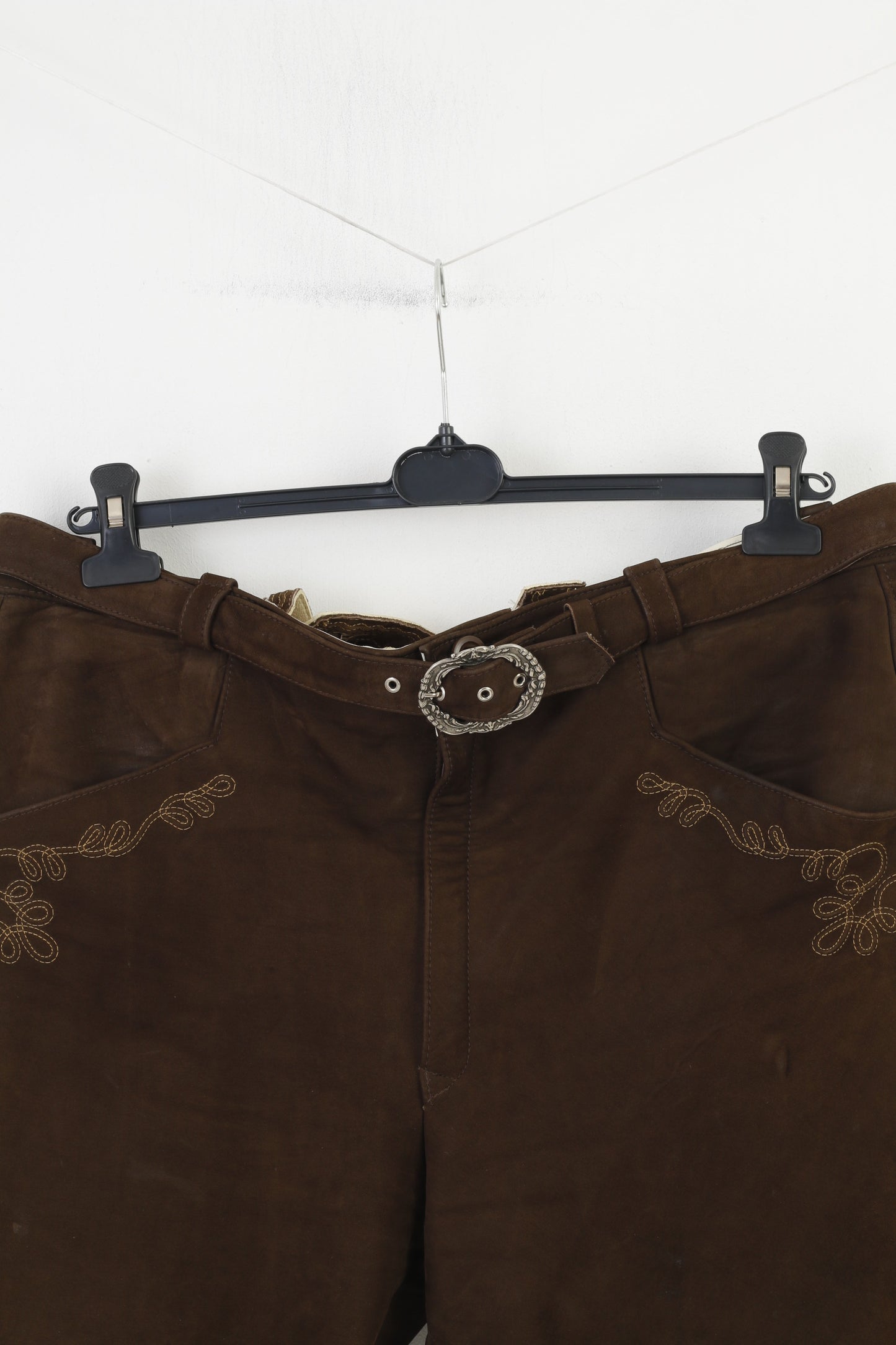 Vintage Men 36 52 Leather Trousers Dark Brown Cropped Trousers Vintage Belt Tyrol Austria Trachten  Western Suspenders Cowboy Traditional Emroidered