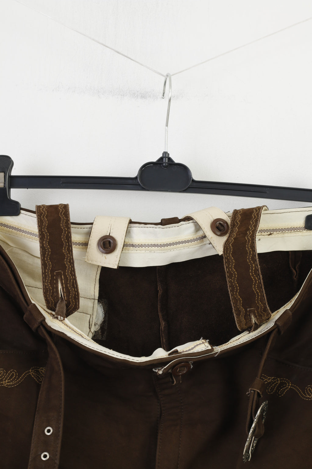 Vintage Men 36 52 Leather Trousers Dark Brown Cropped Trousers Vintage Belt Tyrol Austria Trachten  Western Suspenders Cowboy Traditional Emroidered
