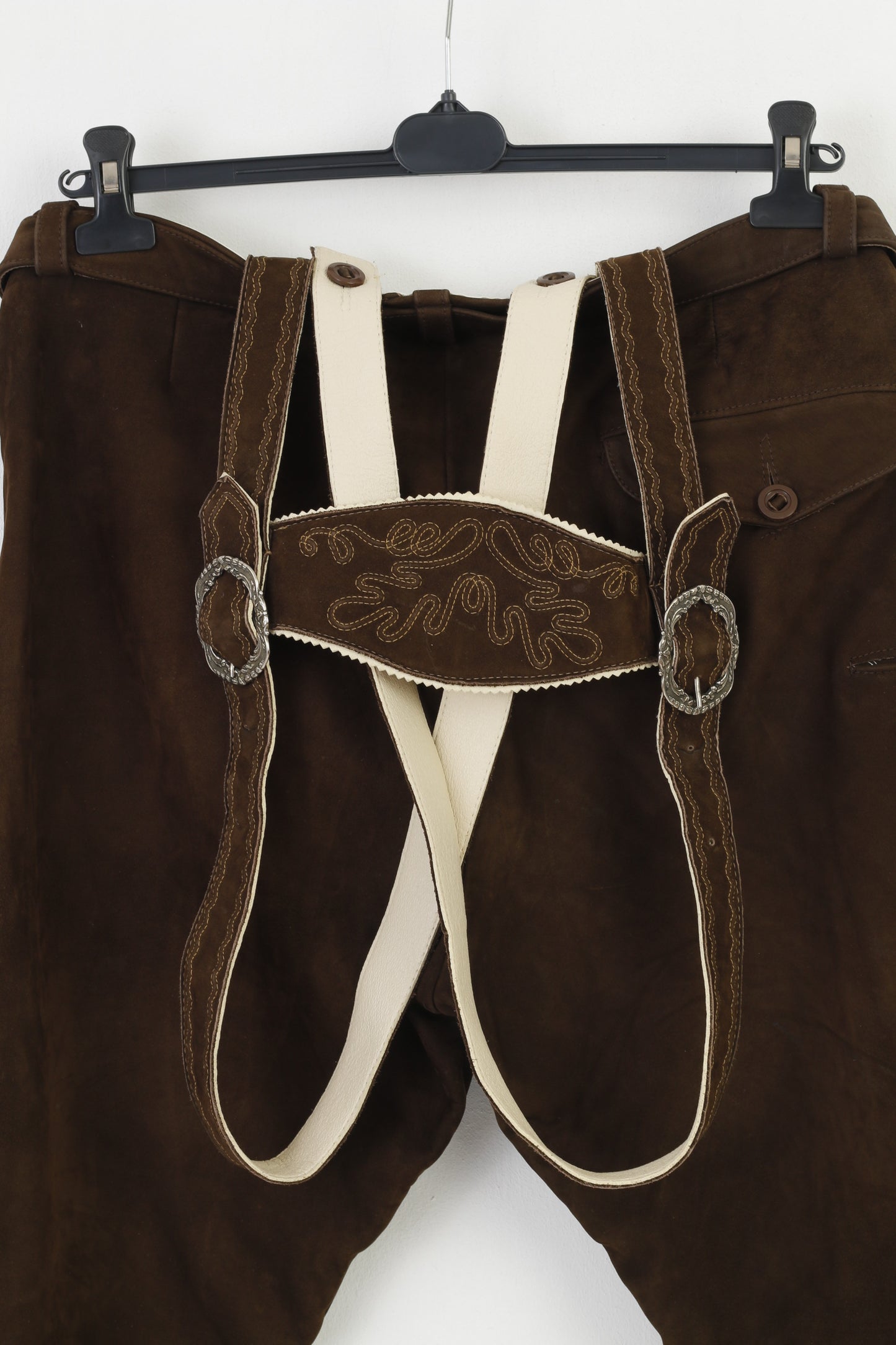 Vintage Men 36 52 Leather Trousers Dark Brown Cropped Trousers Vintage Belt Tyrol Austria Trachten  Western Suspenders Cowboy Traditional Emroidered