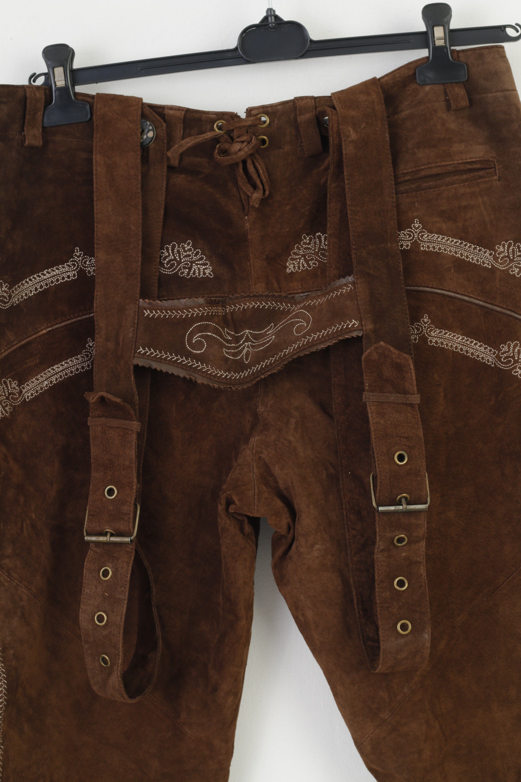 NEW Mode & Preis Versand Men 44 50 Leather Trousers Tyrol Austria Trachten Dark Brown Vintage Western Suspenders Cowboy Traditional Emroidered