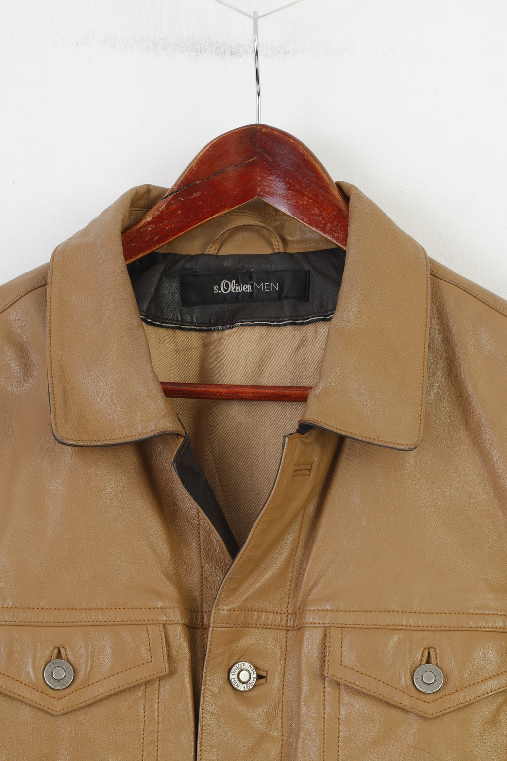 S. Oliver Men L Leather Jacket Brown Collar Bottoms Vintage Pockets Top