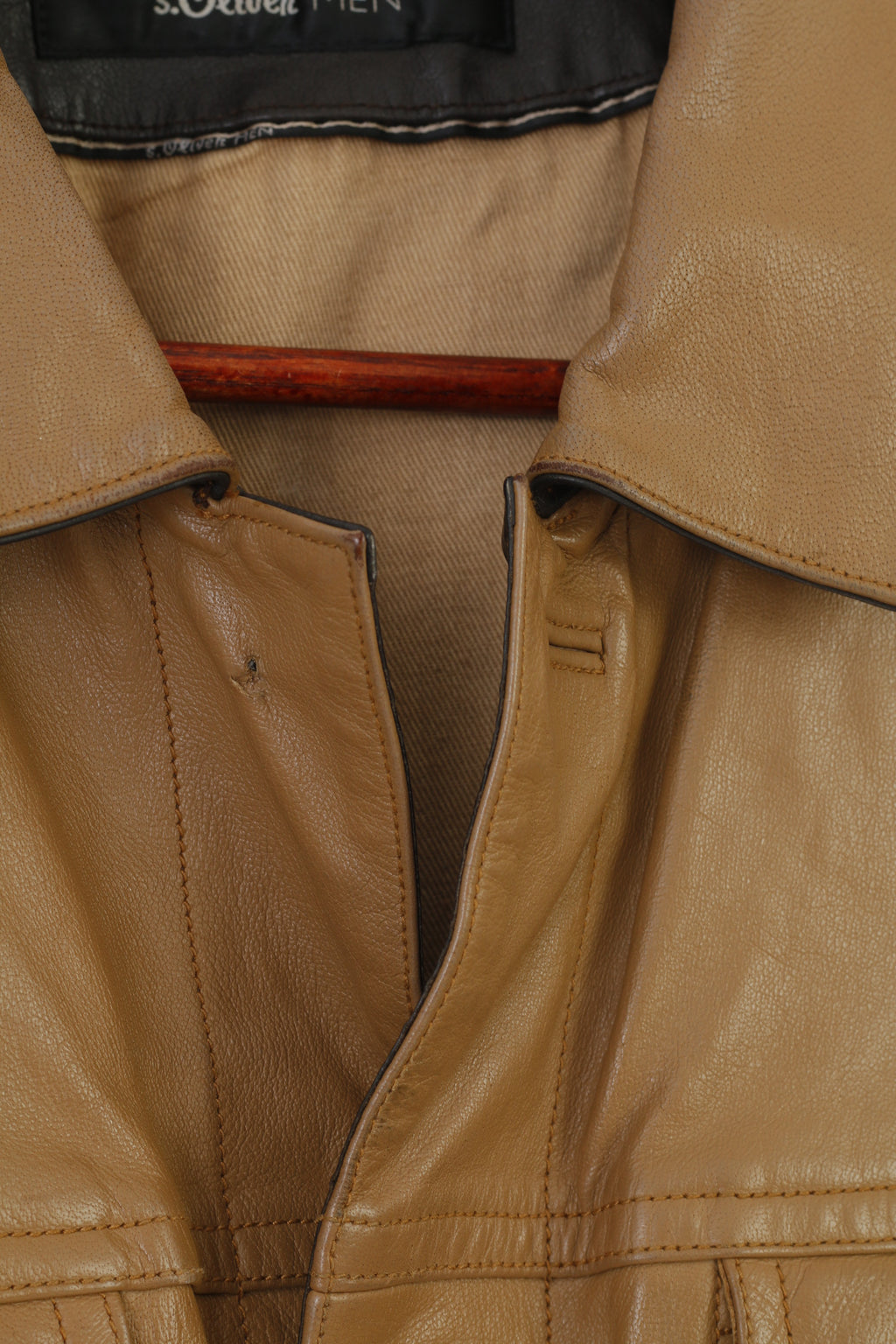 S. Oliver Men L Leather Jacket Brown Collar Bottoms Vintage Pockets Top