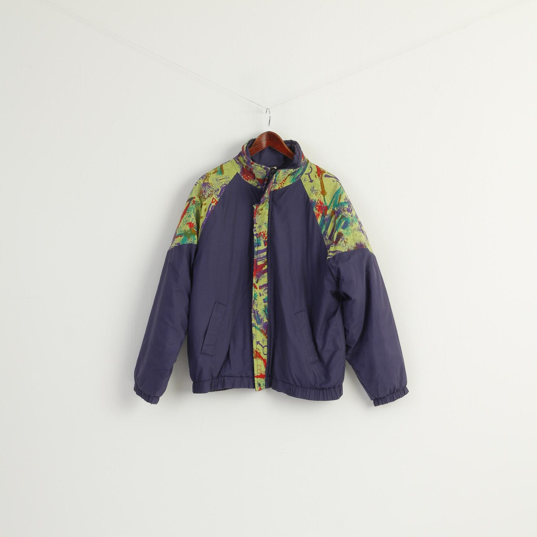 Vintage Men L Bomber Jacket Purple Full Zipper Padded Warm Retro Top