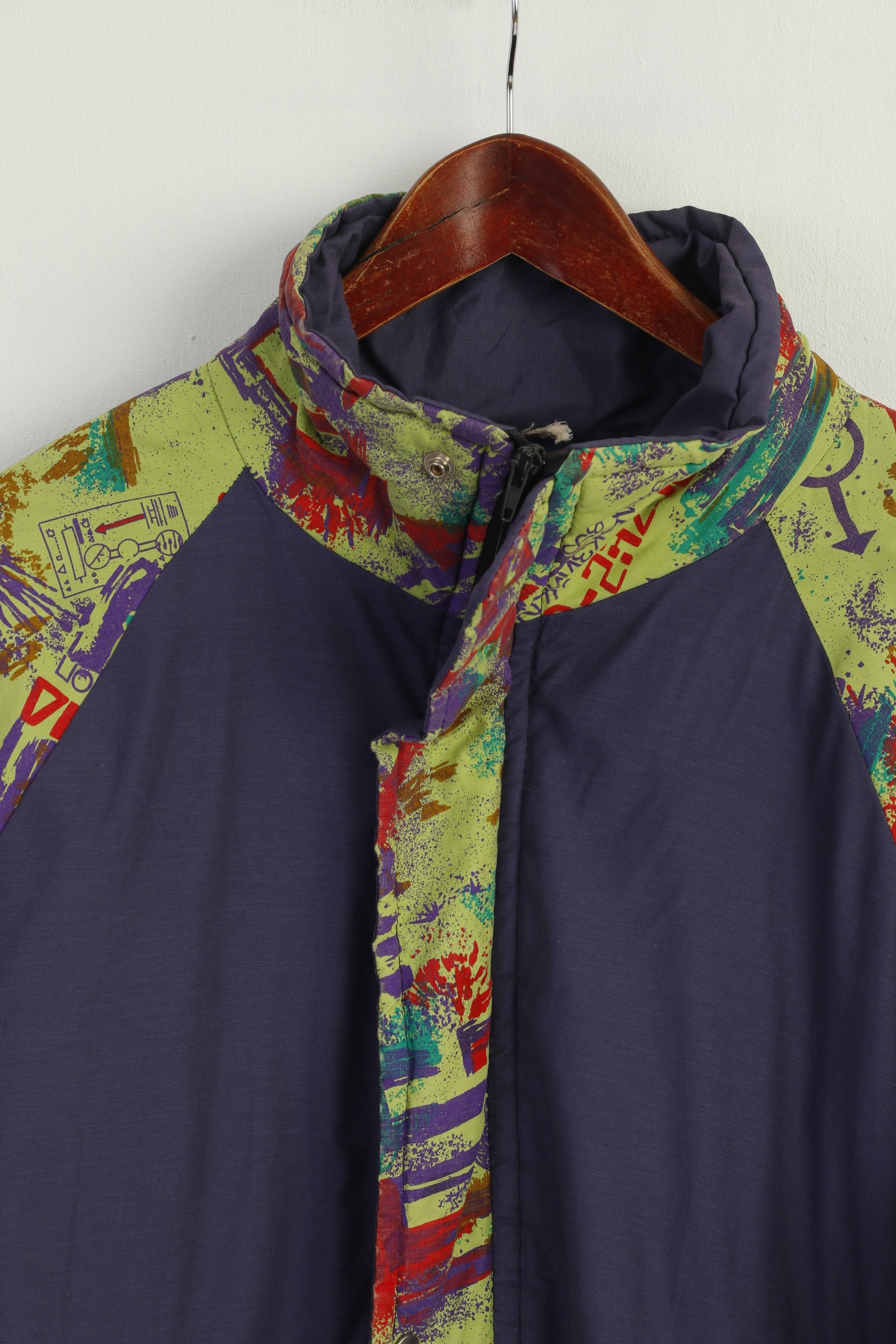 Vintage Men L Bomber Jacket Purple Full Zipper Padded Warm Retro Top