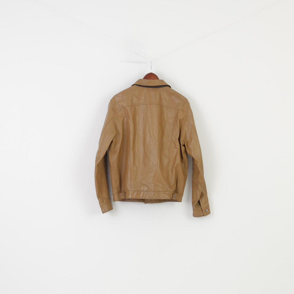 S. Oliver Men L Leather Jacket Brown Collar Bottoms Vintage Pockets Top