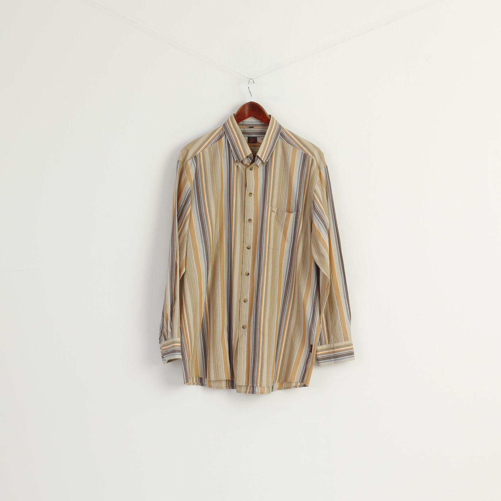 Mc KAY Men XL Casual Shirt Brown Striped Cotton VintageWestern Long Sleeve Top