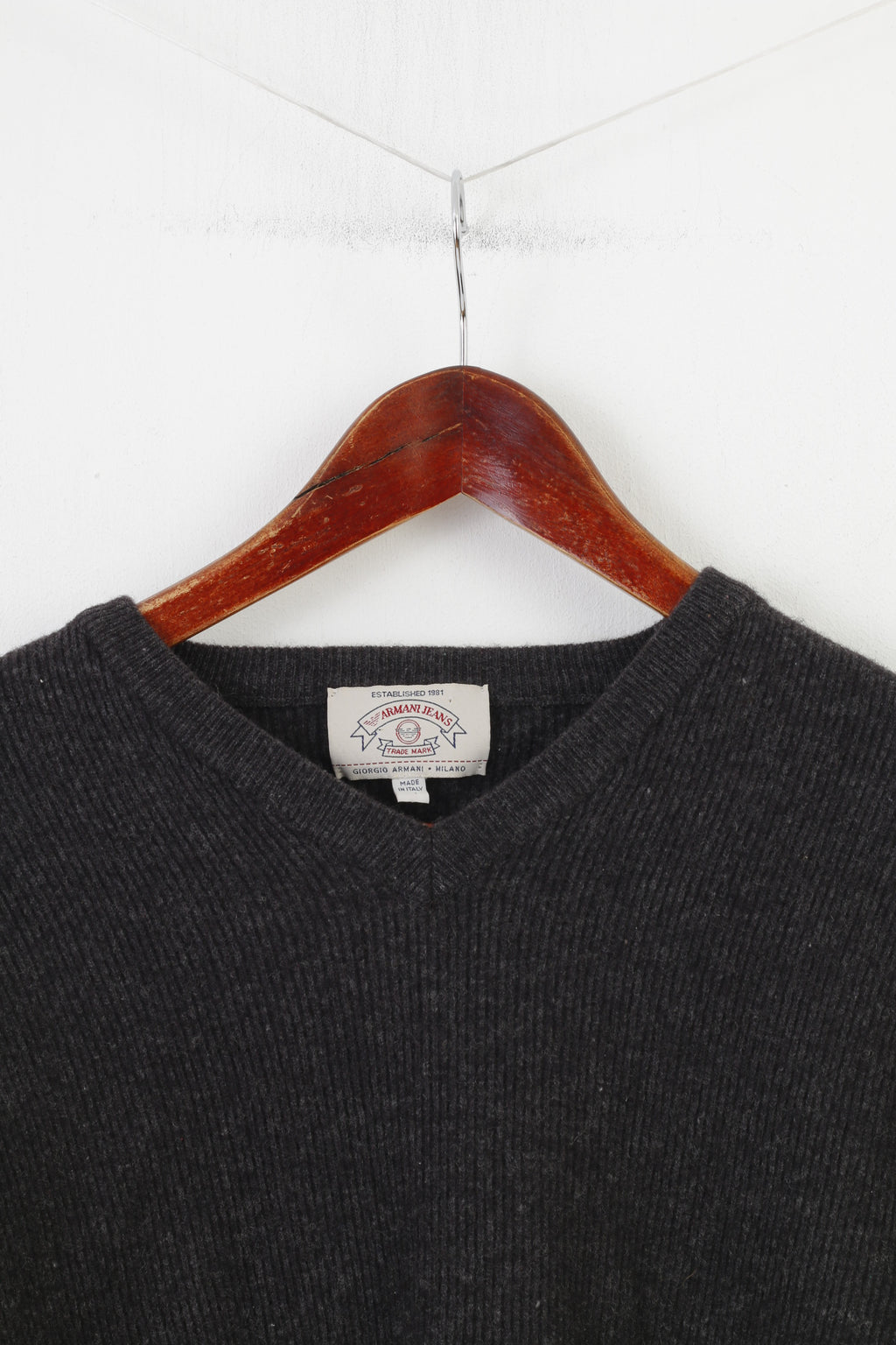 Armani Jeans Men S Jumper Charcoal Made in Italy 1981 V Neck Winter Top